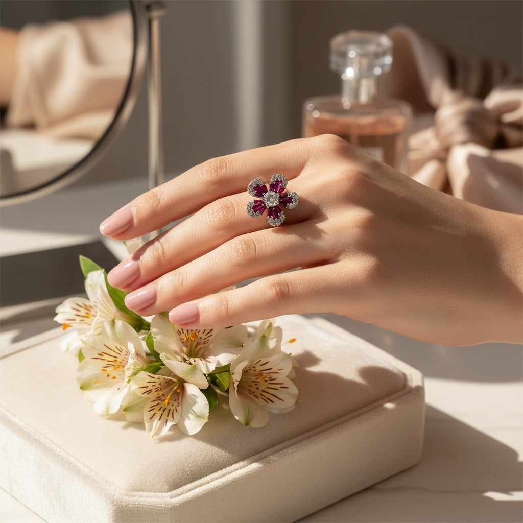 Ruby Blossom Silver Ring