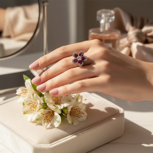Ruby Blossom Silver Ring