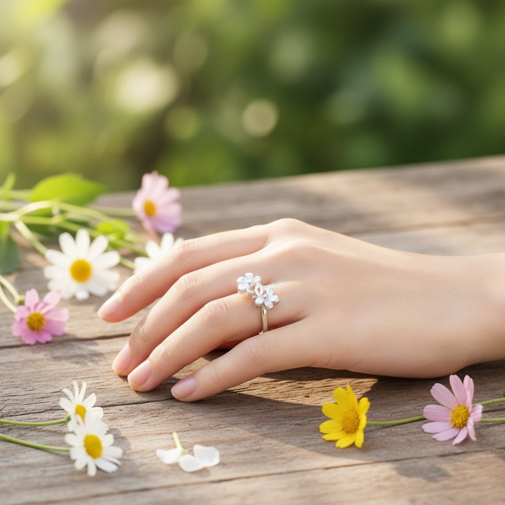 Dual Bloom Floral Silver Ring