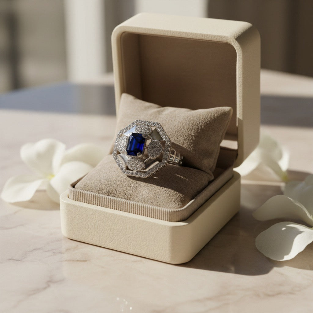 Royal Sapphire Halo Silver Ring
