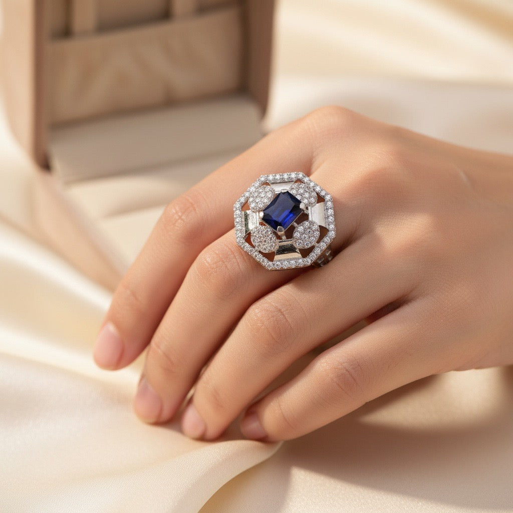 Royal Sapphire Halo Silver Ring