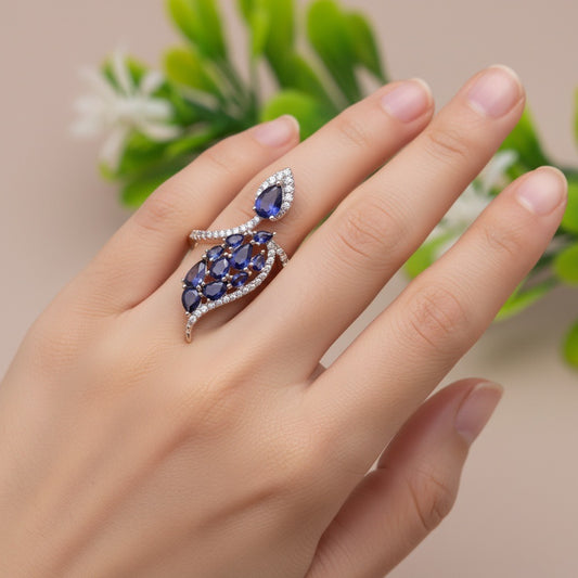 Royal Sapphire Leaf Cascade Silver Ring