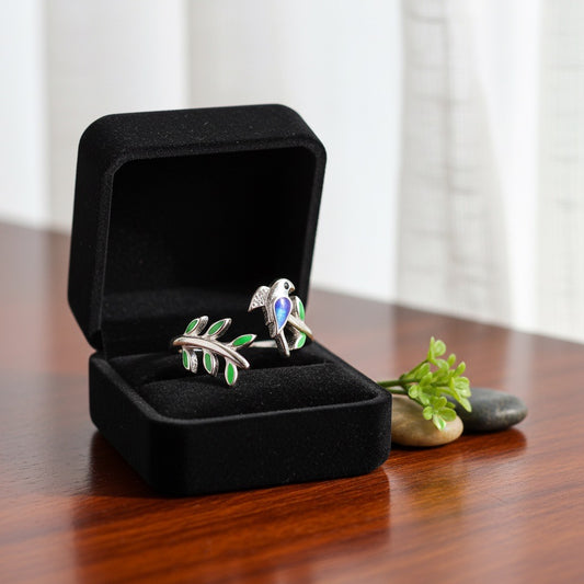 Enchanted Bird & Leaf Silver Ring