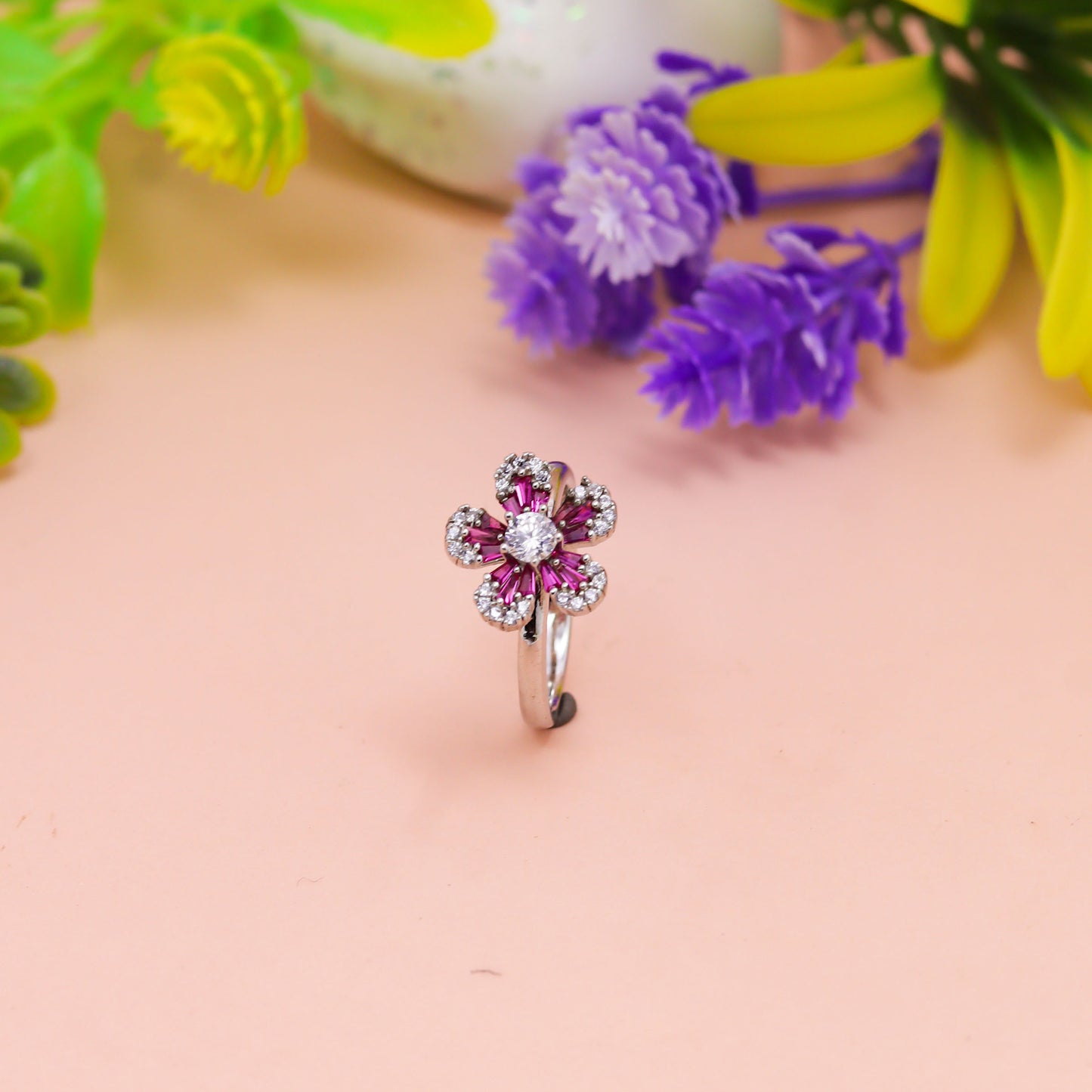 Ruby Blossom Silver Ring