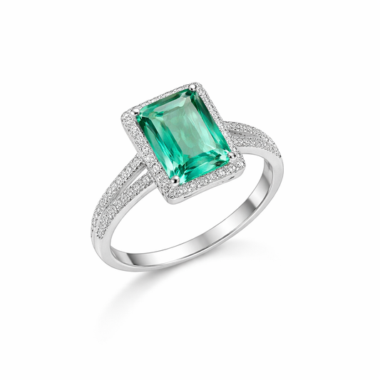 Emerald Radiance Halo Silver Ring