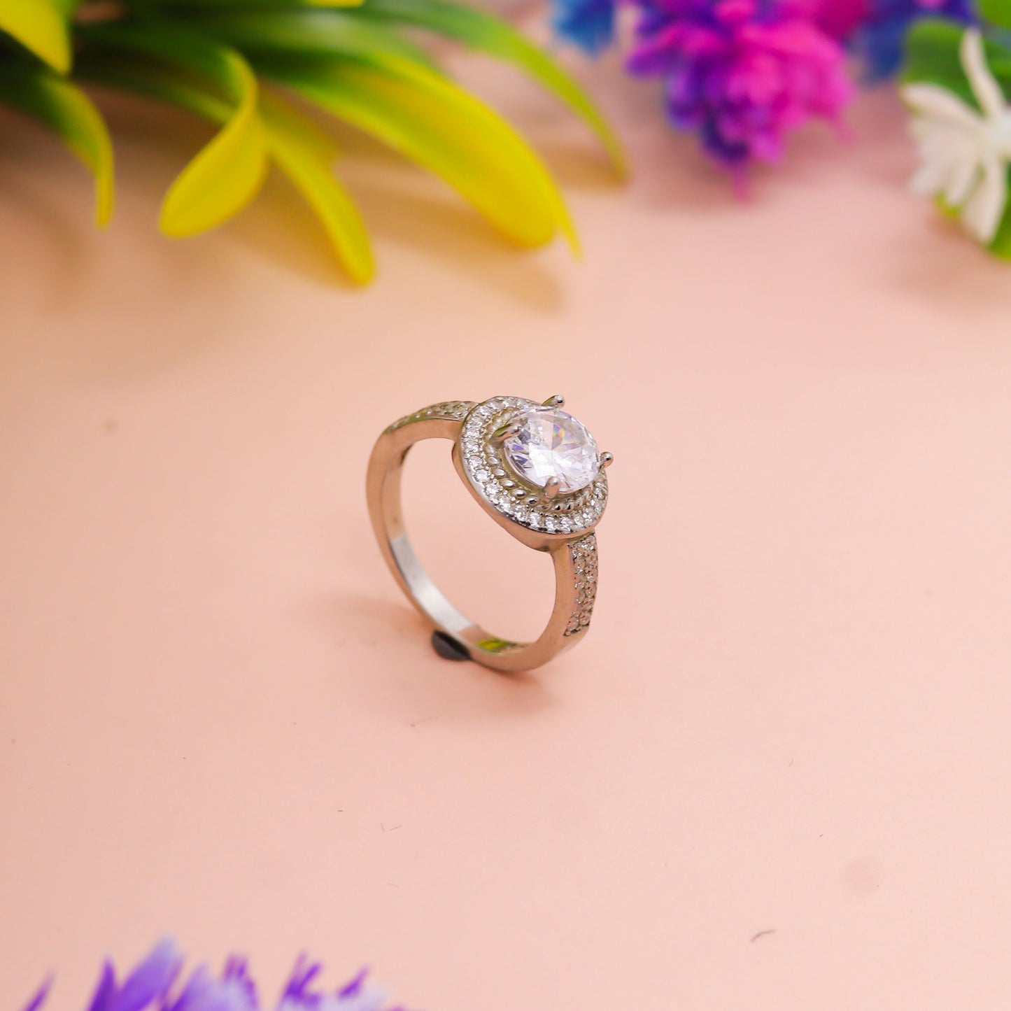 Elegant Halo Solitaire Silver Ring