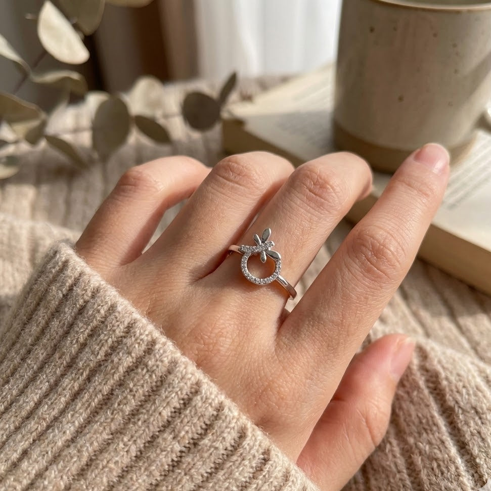 Delicate Bow Halo Silver Ring