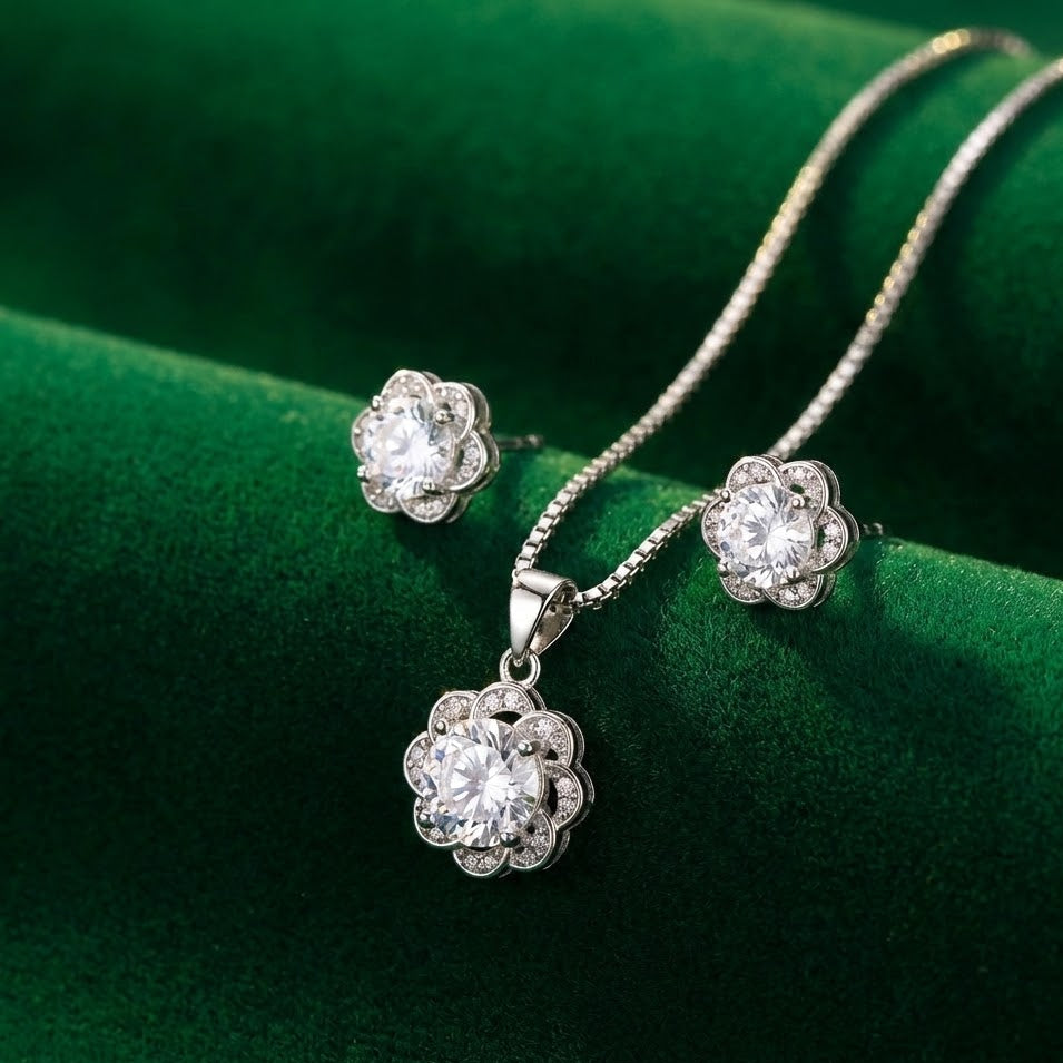 Crystal Blossom Silver Pendant Set