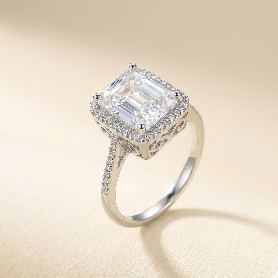 Regal Emerald-Cut Halo Silver Ring