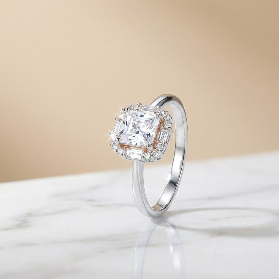 Princess Cut Halo Silver Ring