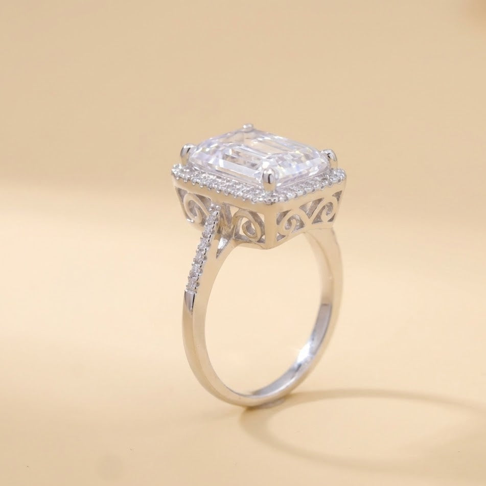 Regal Emerald-Cut Halo Silver Ring