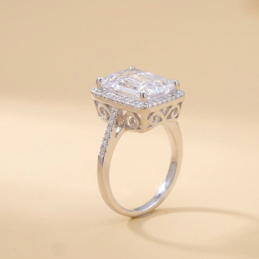 Regal Emerald-Cut Halo Silver Ring