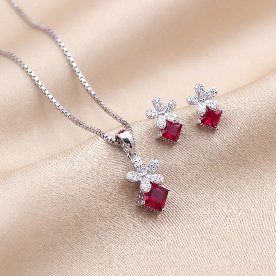 Ruby Bloom Floral Silver Pendant Set