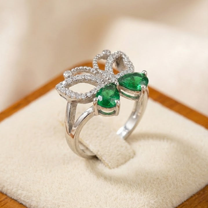 Emerald Butterfly Halo Silver Ring