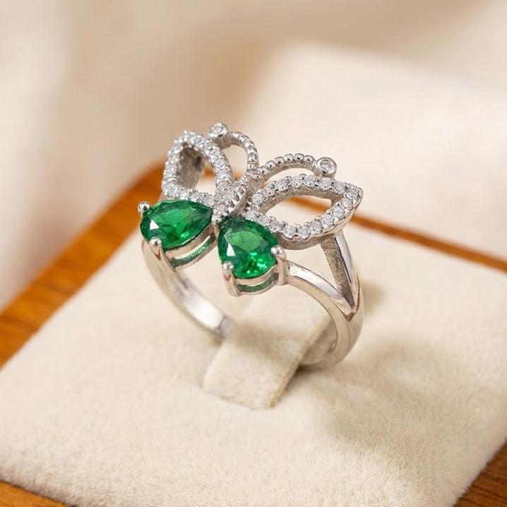 Emerald Butterfly Halo Silver Ring