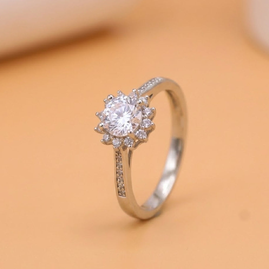 Classic Halo Solitaire Silver Ring