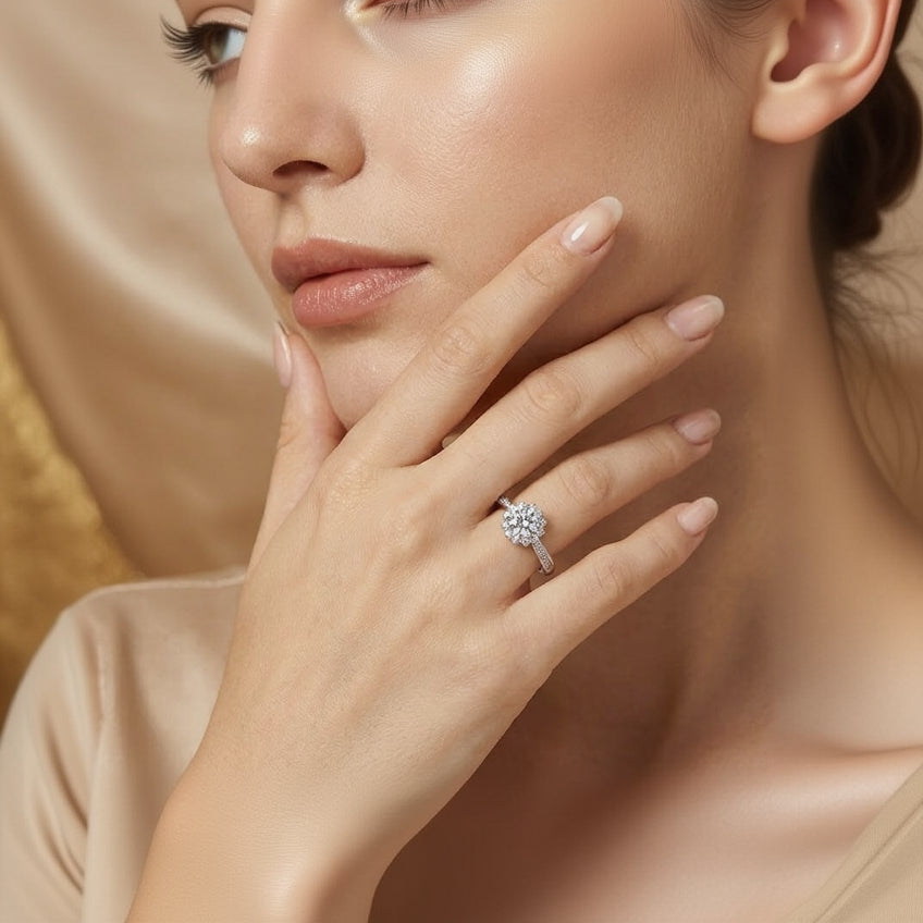 Classic Halo Solitaire Silver Ring