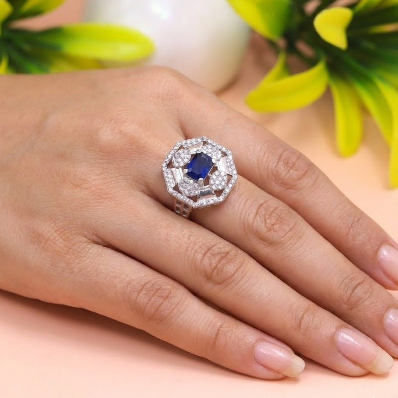Royal Sapphire Halo Silver Ring