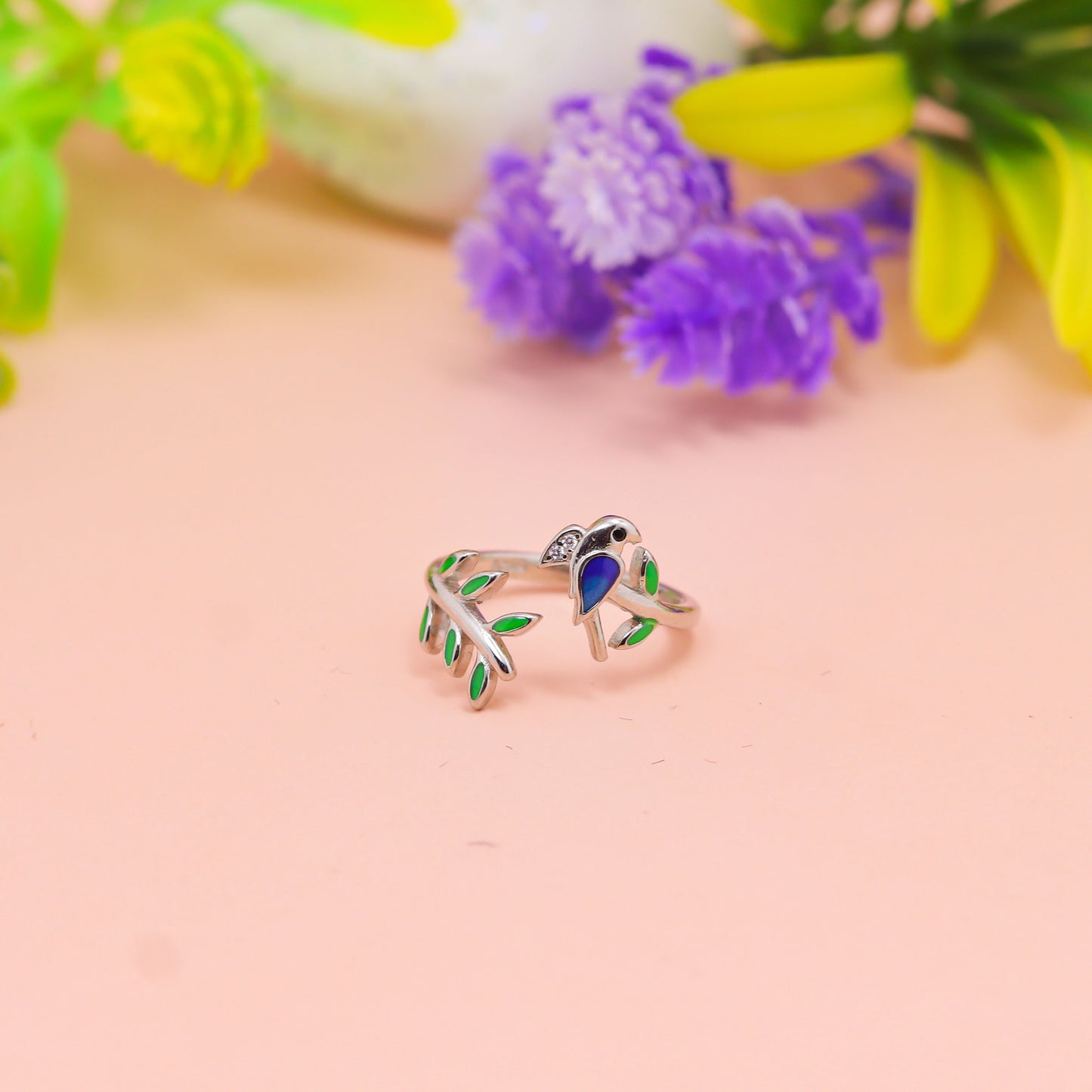 Enchanted Bird & Leaf Silver Ring